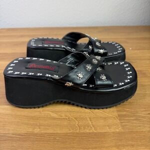 Demonia Flip-05 Skull Studded Platform Wedge Sandals Black Size 6